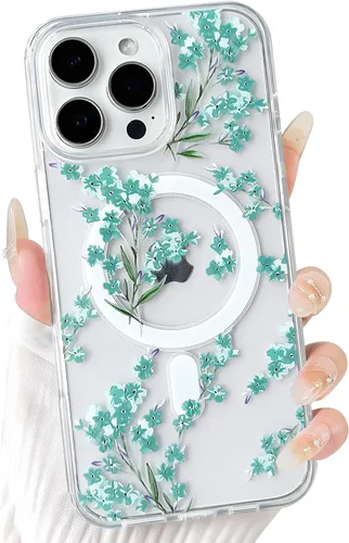Vista 50 de NITITOP Funda magnética transparente compatible con iPhone 14 Plus/15 Plus, compatible con MagSafe lindas flores, hojas florales para mujeres