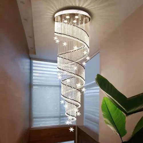 Vista 6 de Moderna lámpara colgante de cristal K9 con forma de gota de lluvia en espiral de cristal, lámpara colgante para sala de estar, hotel, escaleras