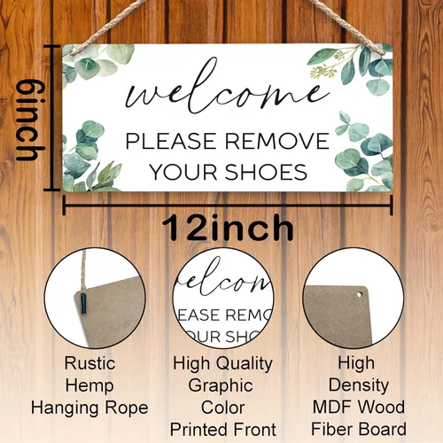 Vista 6 de Letreros colgantes de madera con texto en inglés «Welcome Please Remove Your Shoes Off» de 12 x 6 pulgadas, letrero de bienvenida «Please Take Your