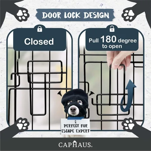 Vista 6 de CAPHAUS Perrera plegable de alambre de metal para perros con bandeja a prueba de fugas y patas protectoras y panel divisor, puerta individual