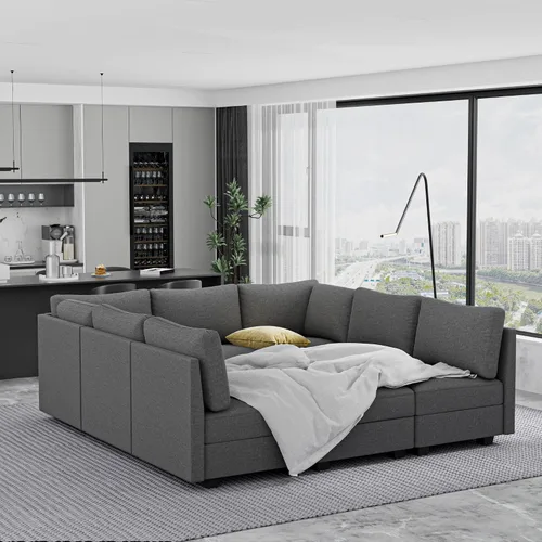Vista 3 de Moderno sofá modular de 9 plazas, sofá cama convertible en forma de U con almacenamiento, tela de lino sin brazos en forma de L para sala de estar