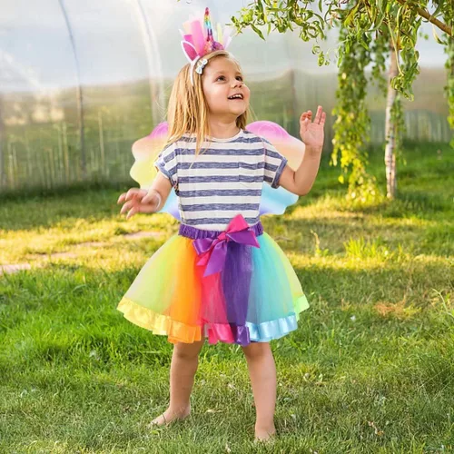 Vista 2 de Cocojeci Faldas de tutú arcoíris en capas con alas y diadema de unicornio para niñas pequeñas