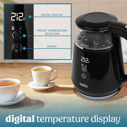 Vista 5 de NELO Hervidor eléctrico con 5 ajustes preestablecidos de control de temperatura, pantalla digital grande de temperatura, luces indicadoras LED