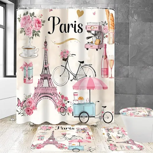 Vista 11 de Chrainy Juego de 4 cortinas de ducha de la torre Eiffel de París, botella de perfume, flores, negro, decoración de baño con 12 ganchos Waterproof