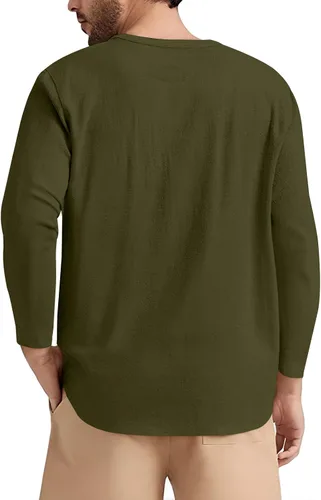 Vista 2 de Angbater Camiseta casual de lino Henley de manga corta para hombre, camiseta hippie de playa, camiseta ligera tropical para verano