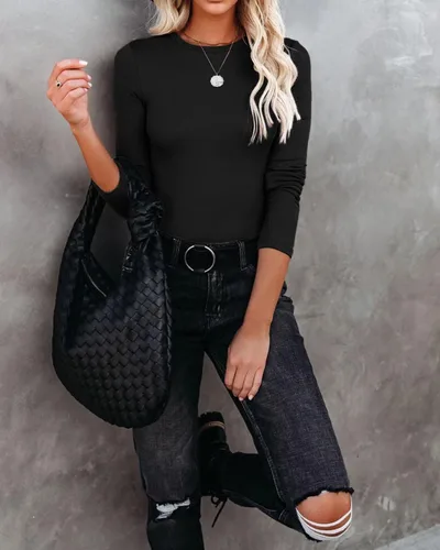 Vista 4 de VICHYIE Ropa de otoño para mujer, cuello redondo, acanalada, manga larga, ajustada, camiseta básica casual