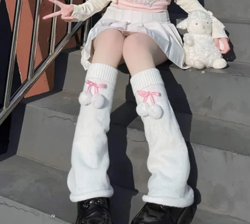 Vista 3 de Funipunk Calentadores de piernas de invierno Kawaii de punto lindo subcultura media manga pie pierna calcetines calientes mujeres JK unform y2k