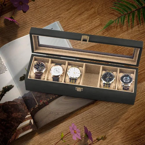 Vista 3 de Alsonerbay Caja de reloj con 6 ranuras para hombres y mujeres, organizador de reloj negro, soporte de almacenamiento de madera con cerradura