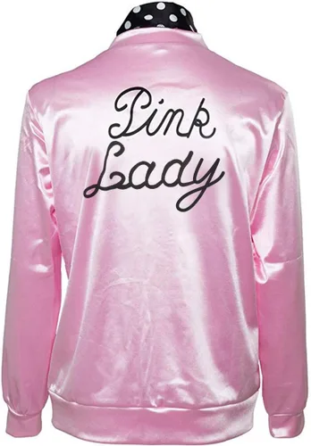 Vista 2 de Adult Women 1950s Pink Satin Costume Jacket with Neck Scarf Girls Lady Halloween Cosplay Fancy Dress Up Props
