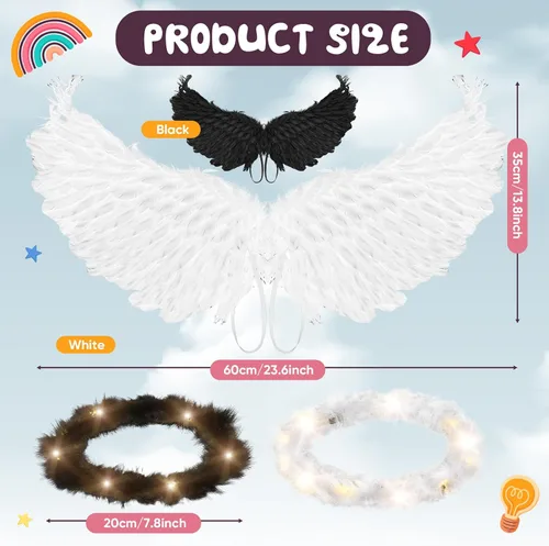 Vista 3 de Toulite 4 piezas de alas de ángel con luz LED y diadema con luces LED blancas, alas de disfraz para adultos, mujeres, niños, Halloween, Navidad