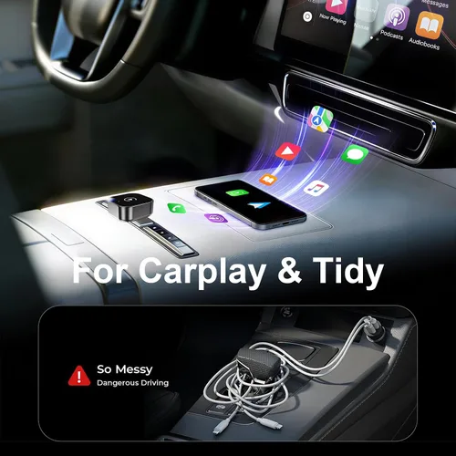 Vista 4 de Adaptador CarPlay inalámbrico 2 en 1 para Apple iPhone y Android Auto – CarPlay con cable a dispositivo inalámbrico, en forma de T para auto USB