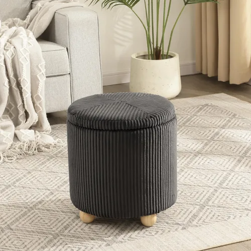 Vista 16 de Adeco Otomana redonda de almacenamiento, taburete tapizado para maquillaje, taburete de terciopelo para dormitorio, dormitorio beige