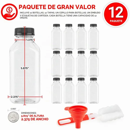 Vista 2 de Botellas de jugo de 12 onzas con tapas para jugo (paquete de 12) – Botellas de agua de plástico vacío transparente reutilizables – Contenedores