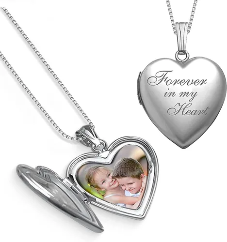 Vista 2 de Collar con medallón y frase en inglés Forever in My Heart para fotos en plata de ley y chapado en oro amarillo, 34 pulgadas x 34 pulgadas, incluye
