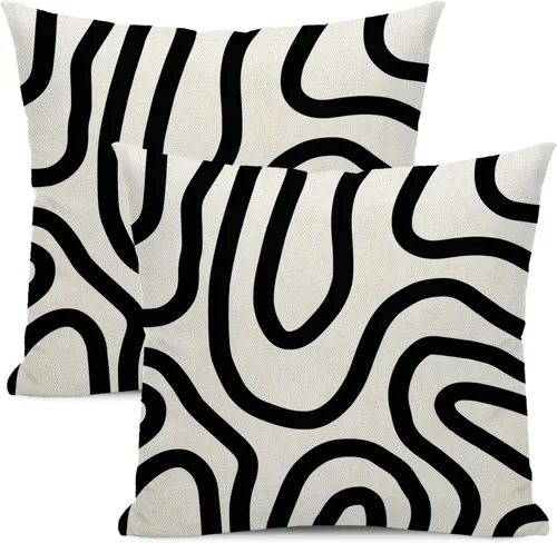Vista 20 de Fundas de cojín en blanco y negro 16x16 Juego de 2 Fundas de cojín geométricas abstractas de arte moderno de línea Modernas estilo minimalista Línea
