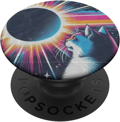 Vista 6 de Cat Solar Eclipse - Synthwave Retro Poster Style PopSockets MagSafe PopGrip for iPhone
