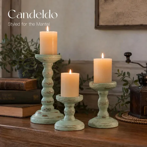Vista 5 de Candeldo Portavelas de madera para pilar, decoración de granja verde salvia
