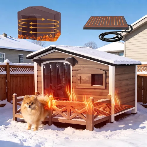 Vista 8 de Casa para Perros Grande con Calefacción para Exteriores 43.3" L Perrera para Perros Aislada de Invierno con Marco de Metal para Perros Medianos a