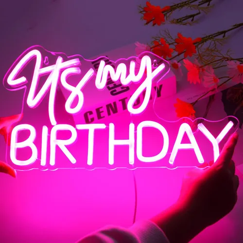 Vista 4 de Planzo Letrero de luz LED de neón con texto en inglés "It's My Birthday", letrero de pared para decoración de ventana, letrero USB para dormitorio