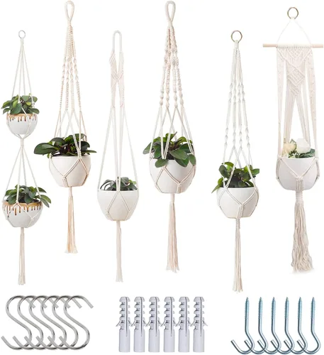 Vista 14 de Feedee Ganchos de macramé para plantas, paquete de 6, color negro, interior/exterior, algodón