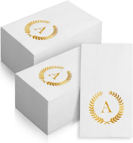 Vista 9 de Paquete de 200 servilletas desechables con monograma de papel de aluminio dorado con letra S, toallas de papel desechables para boda, compromiso