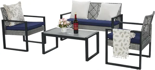 Vista 11 de BEEFURNI Juego de 4 muebles de mimbre para patio al aire libre, color negro