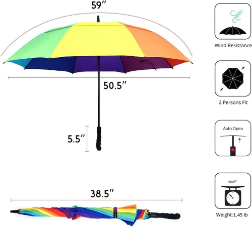 Vista 3 de Doble dosel ventilado a prueba de viento plegable portátil de viaje multicolor paraguas - arco iris