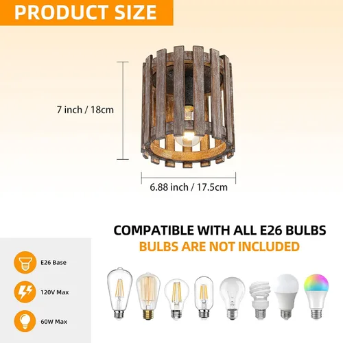 Vista 3 de Lámpara de techo de montaje empotrado de granja, lámpara de madera cerca del techo, accesorios de iluminación rústicos de pasillo para cocina