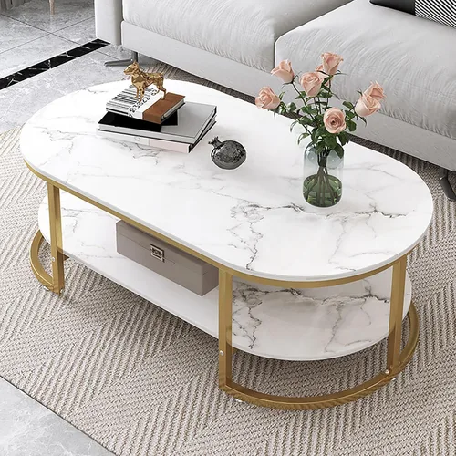 Vista 9 de HM&DX Mesa auxiliar moderna de mármol sintético, mesa de cóctel ovalada de 2 niveles con almacenamiento, mesas centrales de madera minimalista