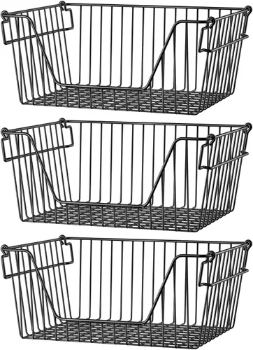 Vista 5 de SANNO Cestas apilables de alambre negras apilables para almacenamiento de verduras, despensa, refrigerador y organización de baño, paquete de 3