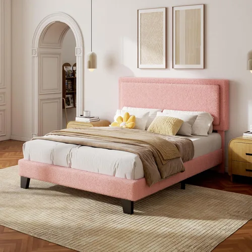 Vista 11 de Base de cama Queen con cabecera ajustable, cama plataforma Boucle Cloud con listones de madera, base de colchón, no necesita somier, fácil montaje