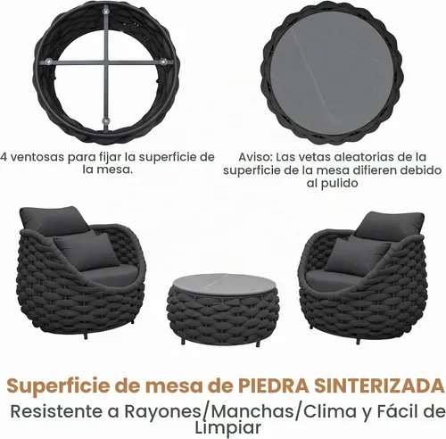 Vista 6 de Juego de muebles de cubierta: 3 piezas de sofá de conversación de patio de cuerda tejida de aluminio para 2, cómodos cojines para sofá y mesa