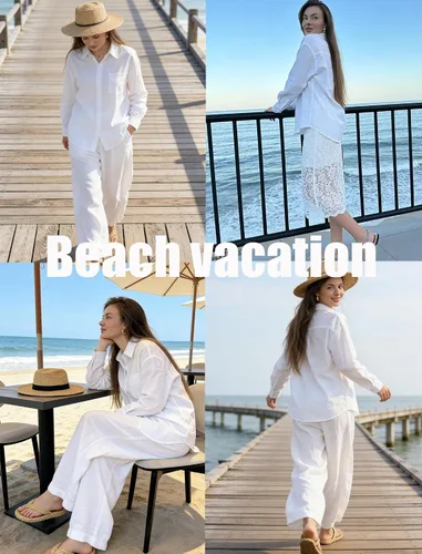 Vista 7 de HOTOUCH Camisas de manga larga con botones para mujer, blusas de lino y algodón, casuales, con cuello holgado, de gasa con bolsillo