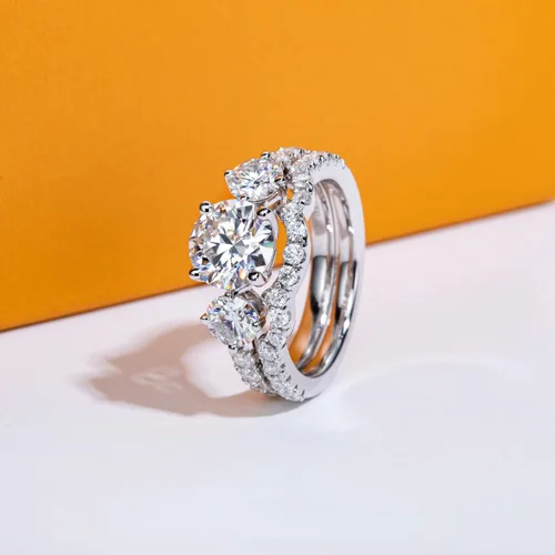 Vista 3 de AimiIee Juego de anillos de boda de moissanita, 3.7 CTTW color D, claridad VVS1, redondo, talla brillante, diamante de moissanita S925, anillos