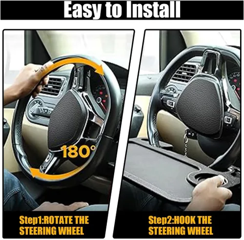Vista 6 de GLSOWEE Bandeja para volante de automóvil, bandeja de mesa para computadora, oficina, color negro Escritorio para volante automático para comer