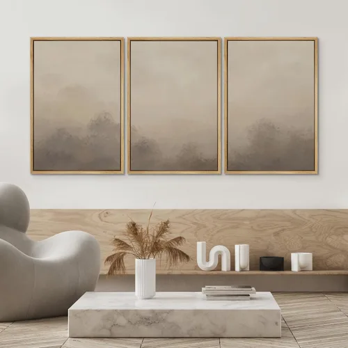 Vista 164 de SIGNWIN Lienzo enmarcado para pared, juego de arte neutro de bosque brumoso, ilustraciones en tono tierra, arte moderno, decorativo, bohemio