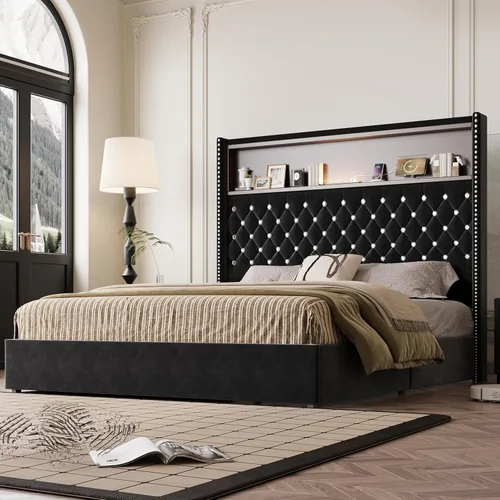 Vista 12 de VilroCaz Cama de plataforma suave de terciopelo de tamaño matrimonial de 52 pulgadas de alto y decoración de remaches, cama con plataforma