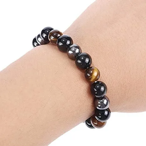 Vista 3 de FORUBUS 2 pulseras elásticas de hematita obsidiana ojo de tigre con cuentas magnéticas para mujeres y hombres, joyería de meditación y yoga