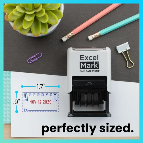 Vista 9 de ExcelMark 2445 Sello de fecha con texto – tinta azul y roja (montaje gris, aprobado)