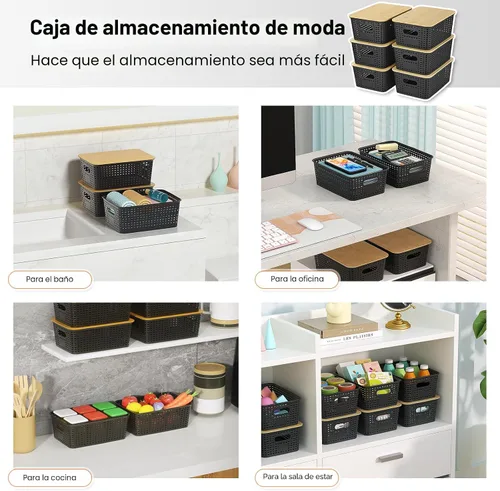 Vista 4 de Ohmlove 6 Pack Plastic Storage Baskets with Bamboo Lids for Organization Black