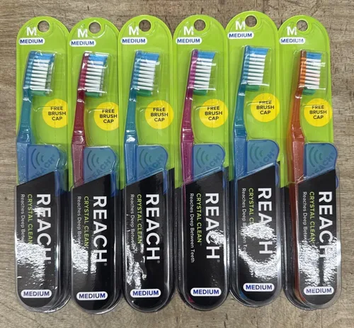Vista 10 de Reach Crystal Clean - Cepillo de dientes con cerdas firmes, 1 unidad, paquete de 6 Cuello en ángulo, cerdas de dos niveles, limpieza de línea