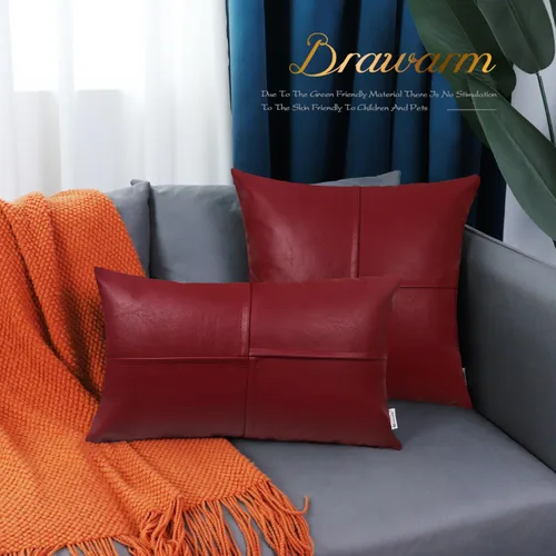 Vista 7 de BRAWARM Fundas de almohada de cuero sintético de 16 x 16 pulgadas, paquete de 2 fundas de almohada de cuero rojo profundo, fundas de almohada