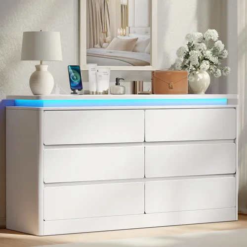 Vista 12 de Gyfimoie Cómoda Negra de 6 Cajones para Dormitorio, Cajonera Larga de 47.2" con Estación de Carga y Luces LED, Gabinete de Almacenamiento de Madera