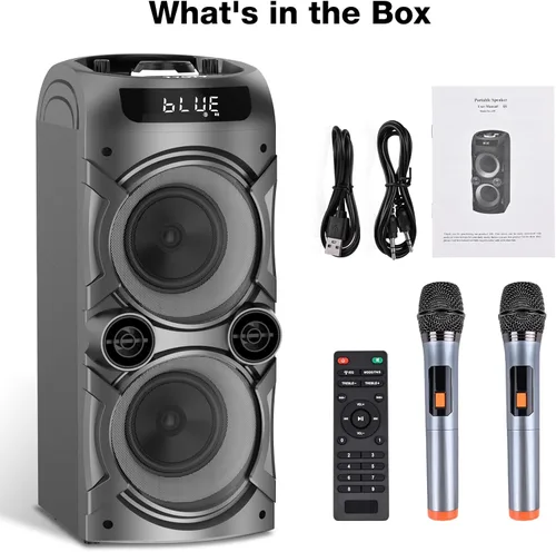 Vista 8 de Máquina de karaoke con 2 micrófonos inalámbricos, sistema de PA portátil, gran altavoz Bluetooth con luces LED, control remoto, compatible