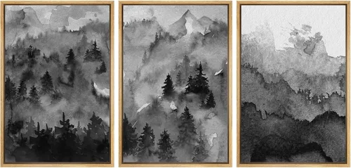 Vista 31 de NWT Lienzo enmarcado para pared, juego de arte en acuarela pastel, bosque de montaña oscura, naturaleza silvestre, ilustraciones de arte moderno