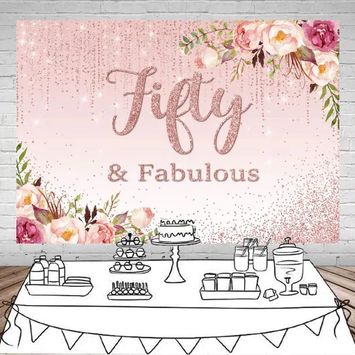 Vista 2 de Mocsicka Fifty Fabulous - Telón de fondo floral con puntos dorados para fotografía de cumpleaños 50 para mujeres, de vinilo, para retratos, cabina