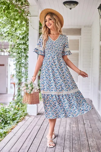 Vista 6 de GRACE KARIN Vestido largo bohemio con cuello en V para mujer, manga corta, fruncido, escalonado, cintura imperio, con volantes, para la playa