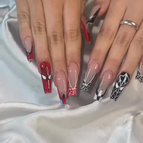 Vista 9 de 24 unidades de uñas postizas largas estilo ataúd CEWEWP con punta francesa marrón, uñas falsas rosas con pegamento, uñas falsas con diseños