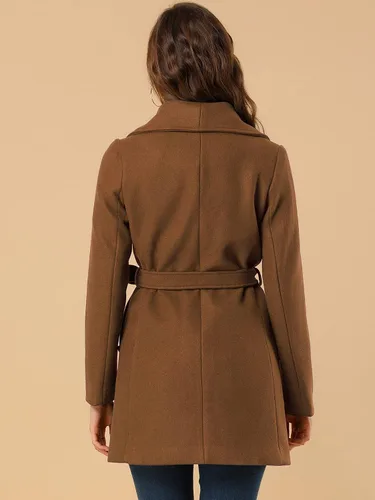 Vista 5 de Allegra K Abrigo largo con cinturón de invierno con cuello de chal para mujer