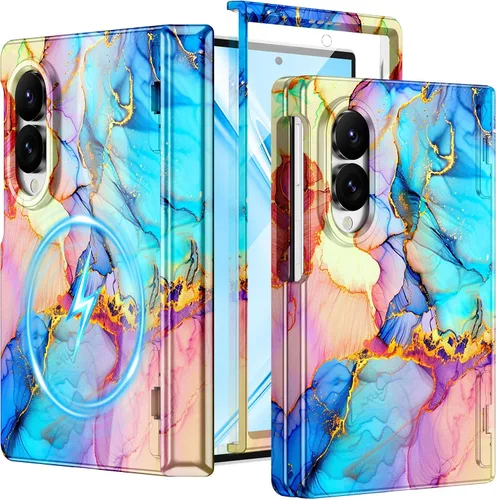 Vista 24 de Btscase Funda para Samsung Galaxy Z Fold 5, protector de pantalla frontal integrado, patrón de mármol dorado con purpurina de policarbonato duro